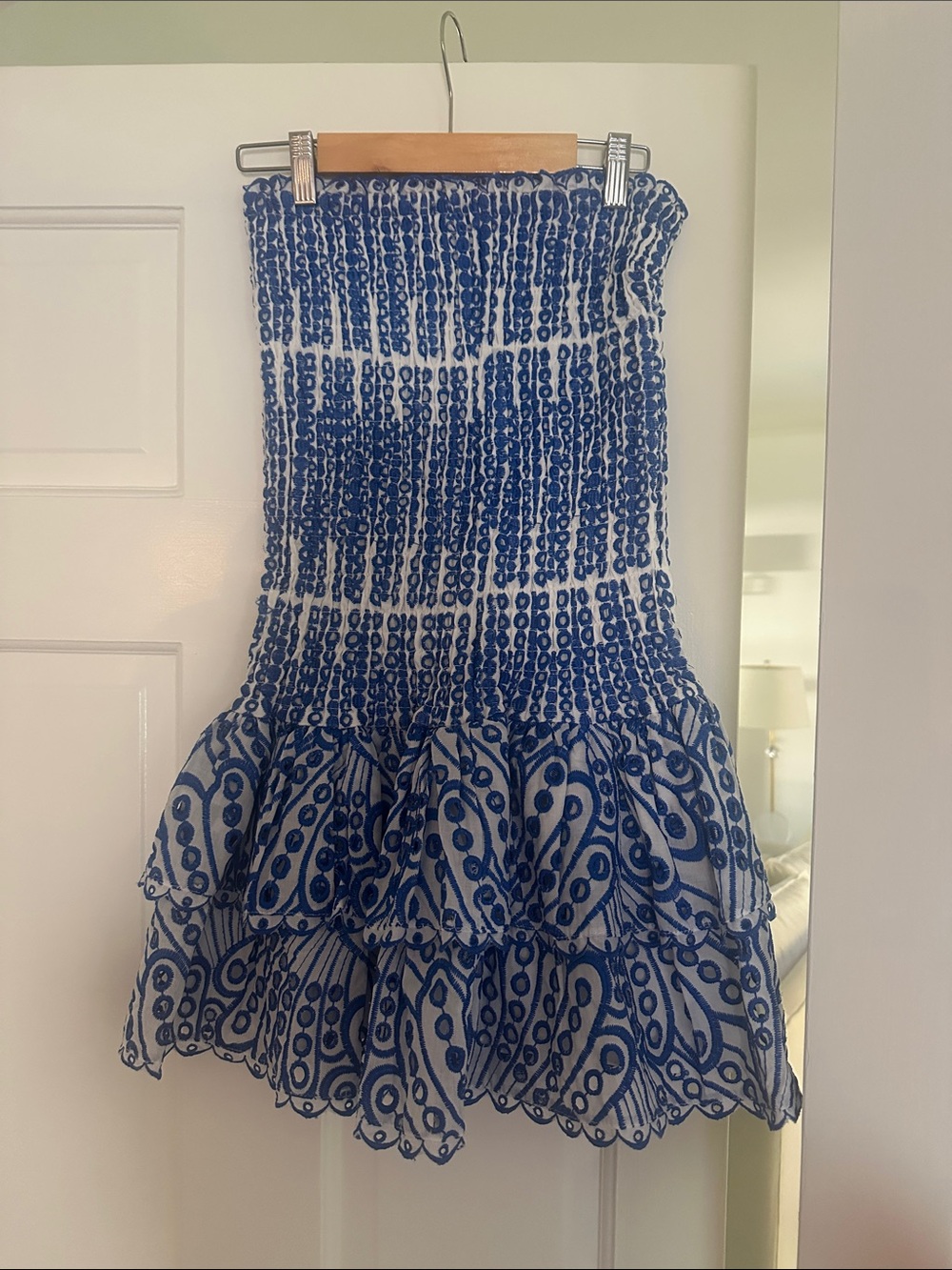 Blue Printed Smocked Ruffle dress strapless never worn tag but is missing .